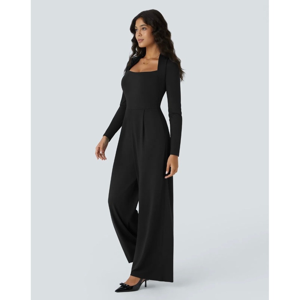 Halara Black Long‎ Sleeve Wide Leg Jumpsuit Square Neck Cutout Back Medium NEW
